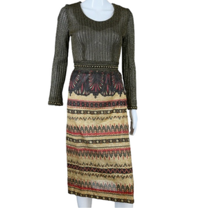 Vintage Barnsville Lurex + Egyptian Revival Motif Print Dress - Rare - Beaded